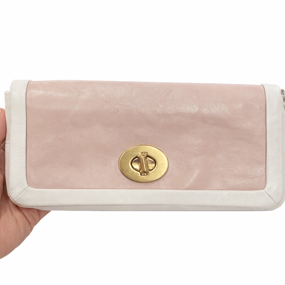 Coach Cream & Light Taupe  Leather Wristlet / Clutch • Turnlock • Interior Wear